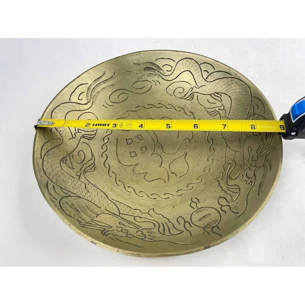 Antique Vintage Chinese Brass Bowl 2 Dragons Engraved Design 9 “ Diameter